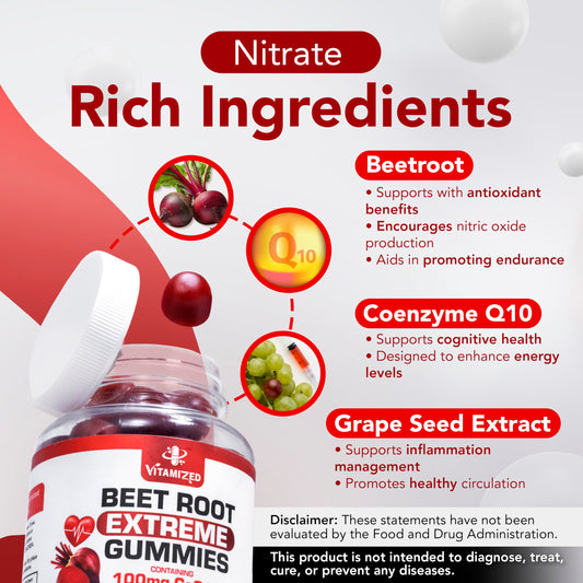 Vitamized Gummies close-up highlights the tasty pomegranate flavor and energy-boosting beetroot mix.