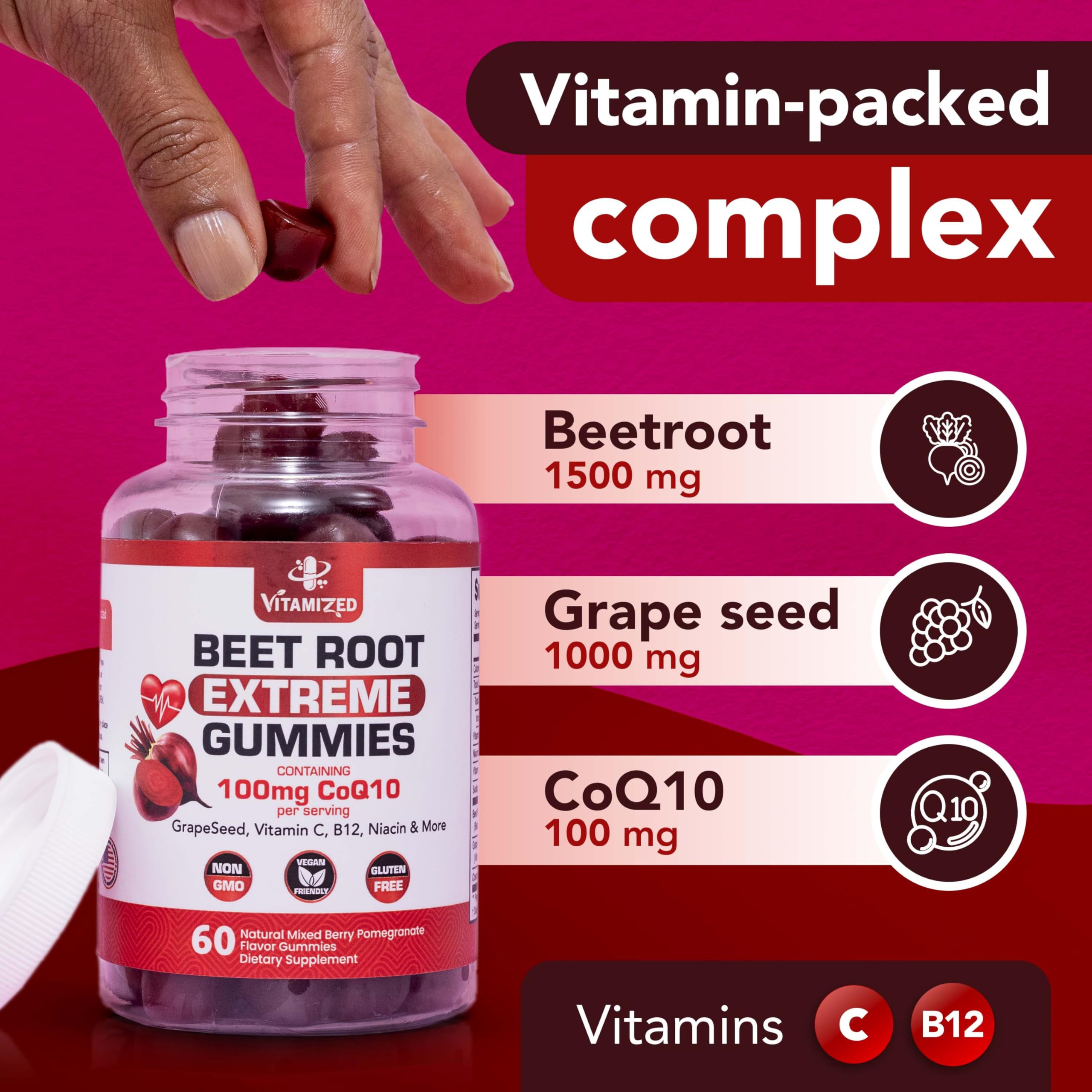 Vitamized gummies close-up reveals robust beetroot and grape seed extract blend.