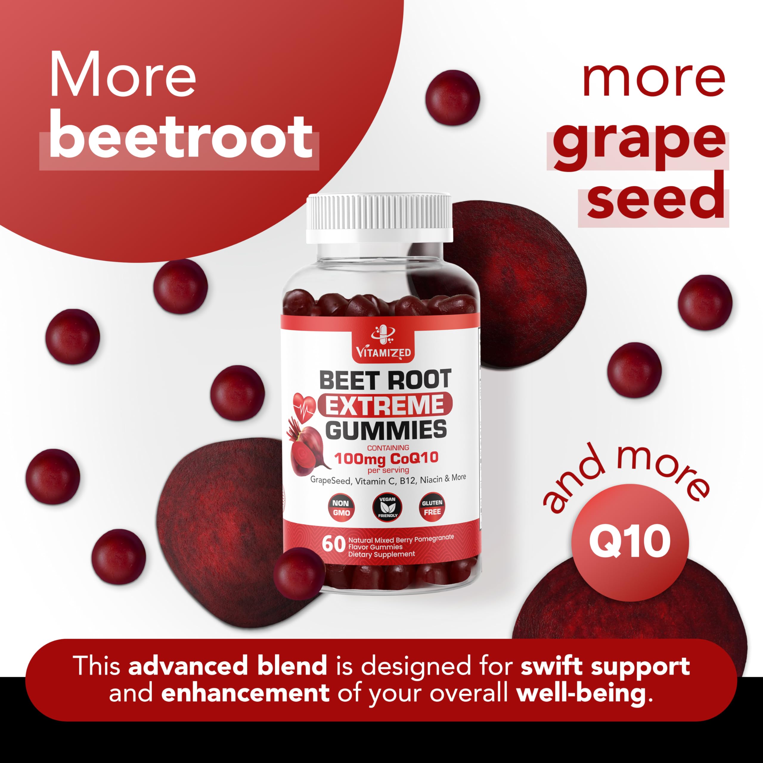 Vitamized Extreme label detail shows gluten-free, vegan gummies produced in a GMP facility.