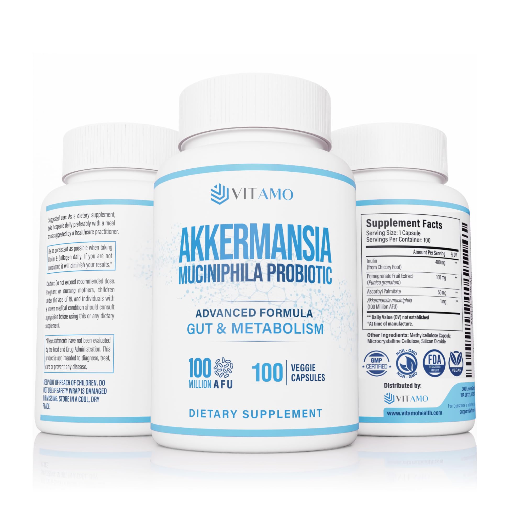 Vitamo Akkermansia bottle close-up highlighting probiotic health benefits.