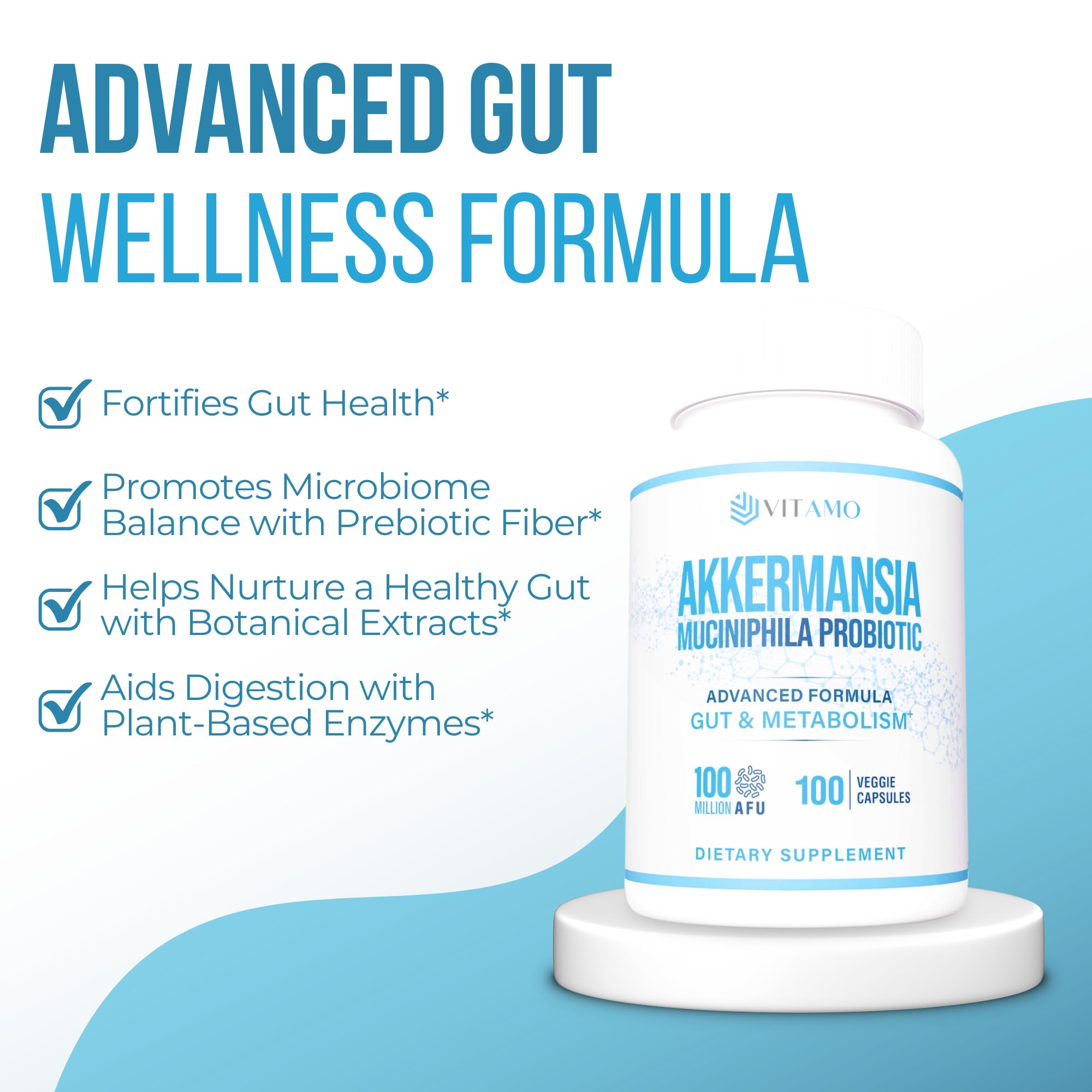 Vitamo Akkermansia capsules close-up showing live probiotics.