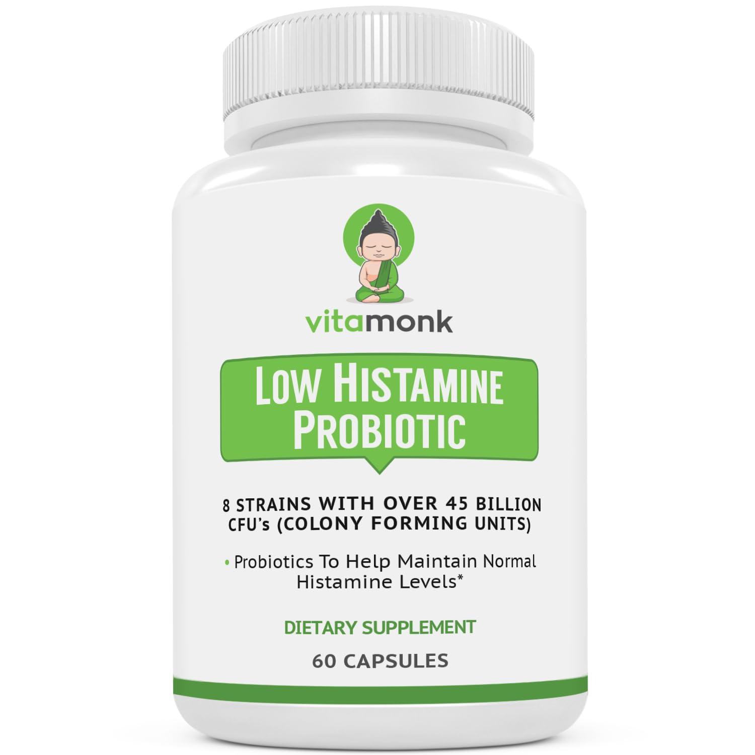 VitaMonk Low Histamine Probiotics bottle front for daily gut support