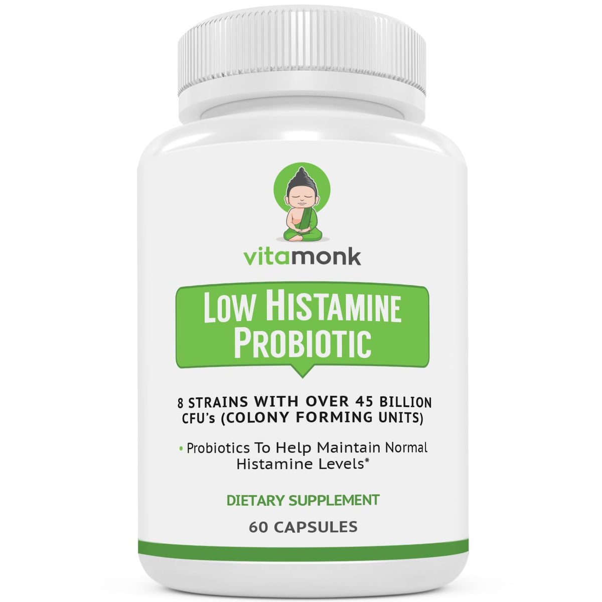 VitaMonk Low Histamine Probiotics bottle front for daily gut support