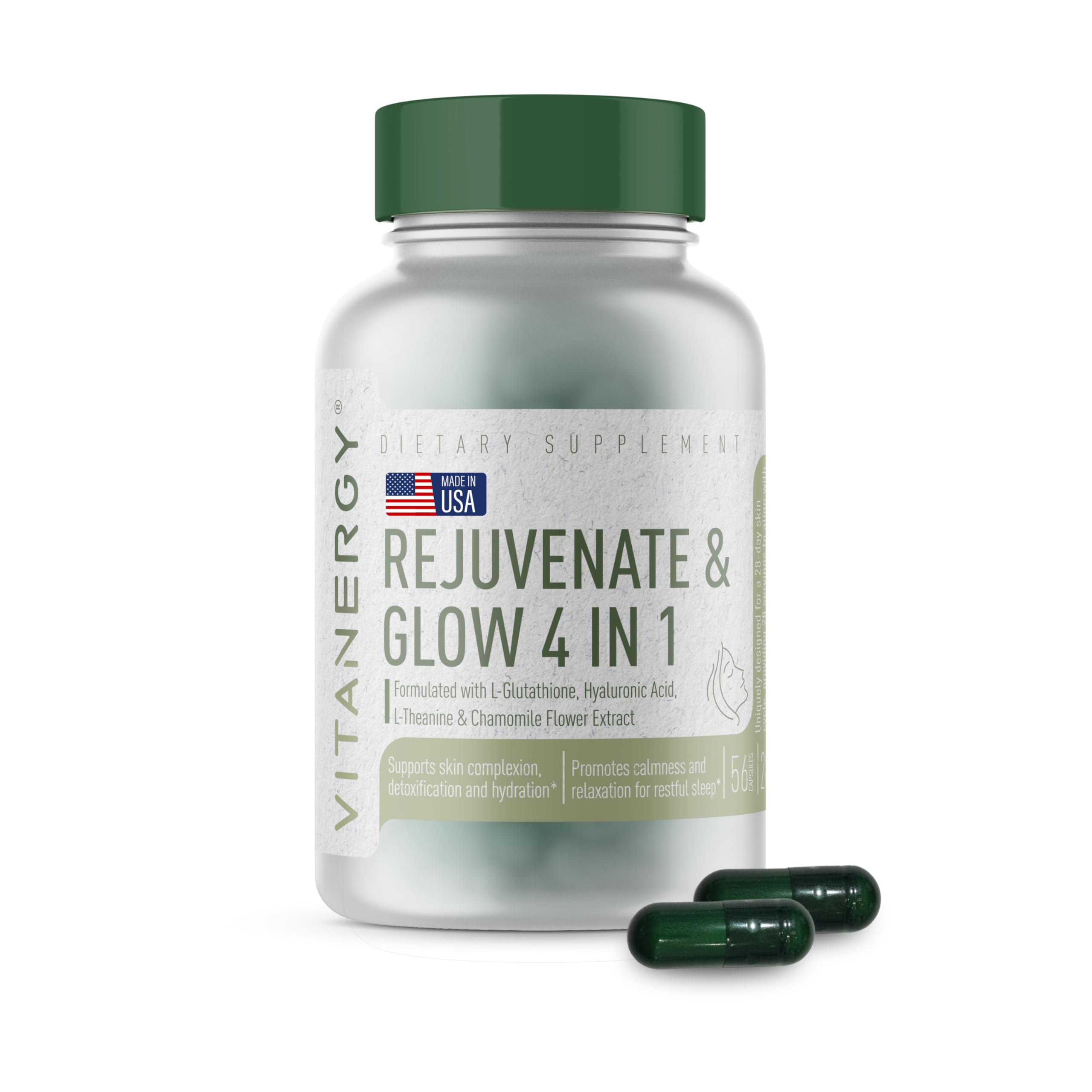 Vitanergy Beauty Sleep Glow bottle showing 4-in-1 formula for overnight skin support