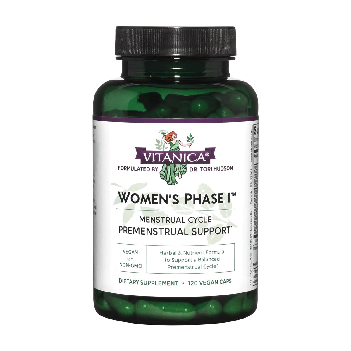 Vitanica Women's Phase I bottle front view with vegan premenstrual support capsules