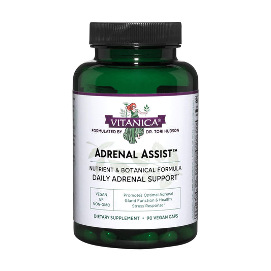 Vitanica Adrenal Assist bottle front with vegan formula for balance