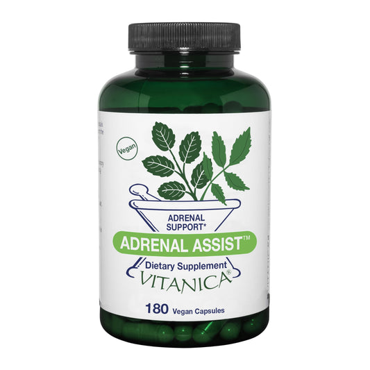 Vitanica Adrenal Assist bottle pour—vegan support for stress resilience and vitality.