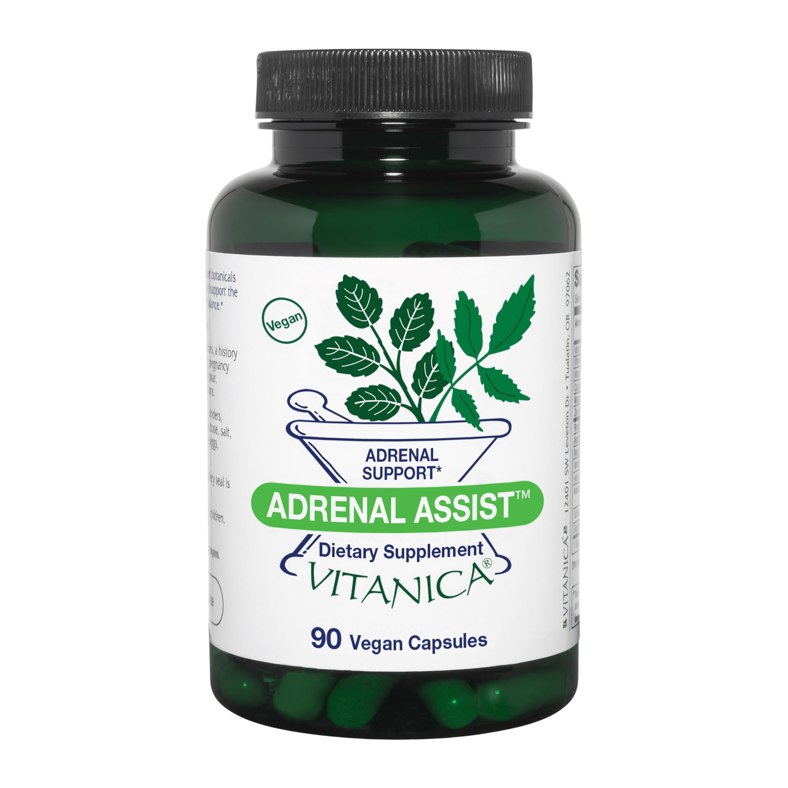 Vitanica Adrenal Assist bottle with capsules for daily adrenal support.