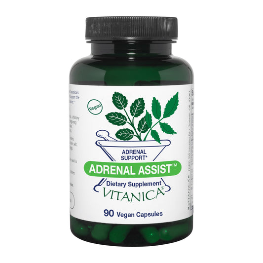 Vitanica Adrenal Assist bottle with capsules for daily adrenal support.