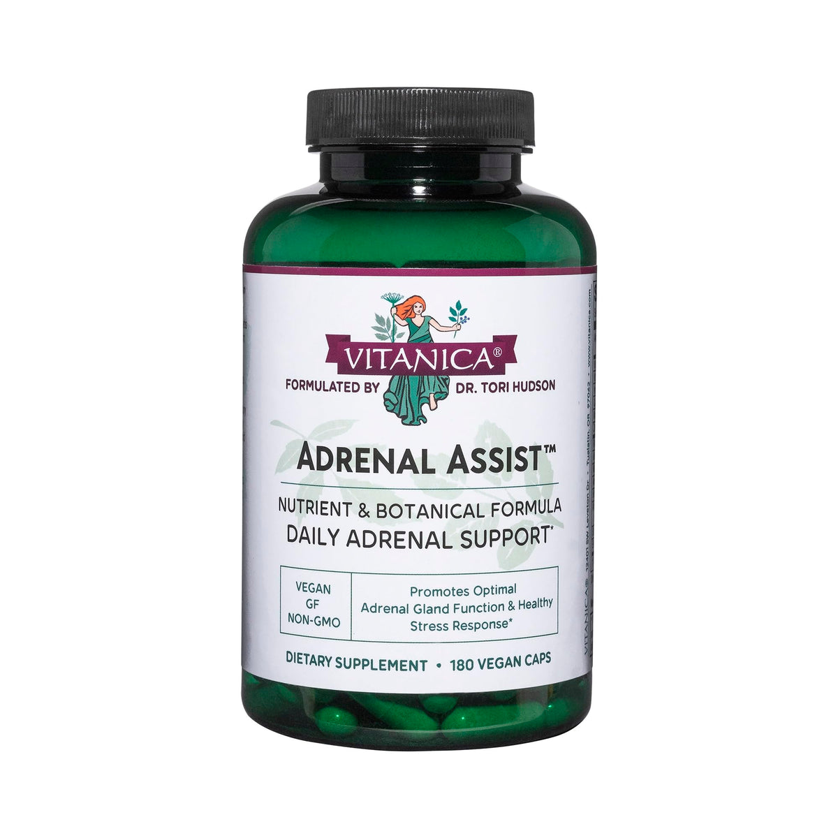 Vitanica Adrenal Assist bottle for daily vegan adrenal support and vitality