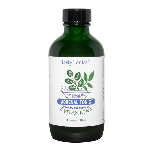 Vitanica Adrenal Tonic bottle in green glass for daily stress support.