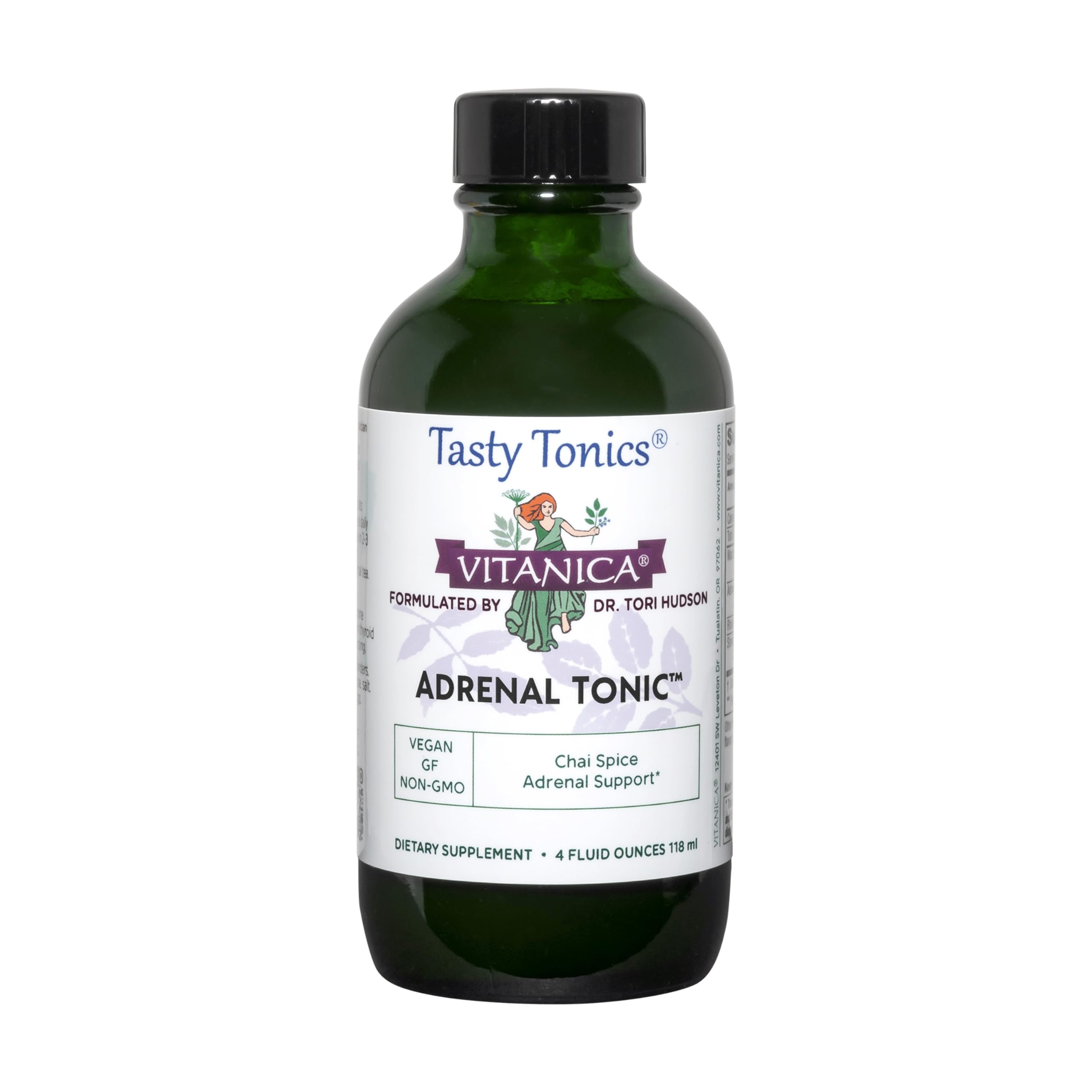 Vitanica Adrenal Tonic bottle showing daily vitality and stress support benefits