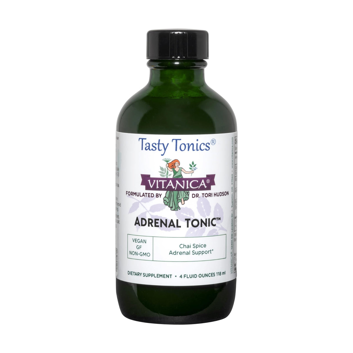 Vitanica Adrenal Tonic bottle showing daily vitality and stress support benefits