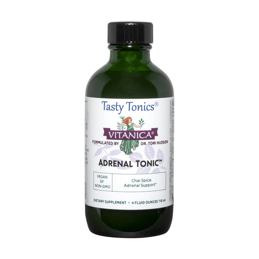 Vitanica Adrenal Tonic bottle showing daily vitality and stress support benefits