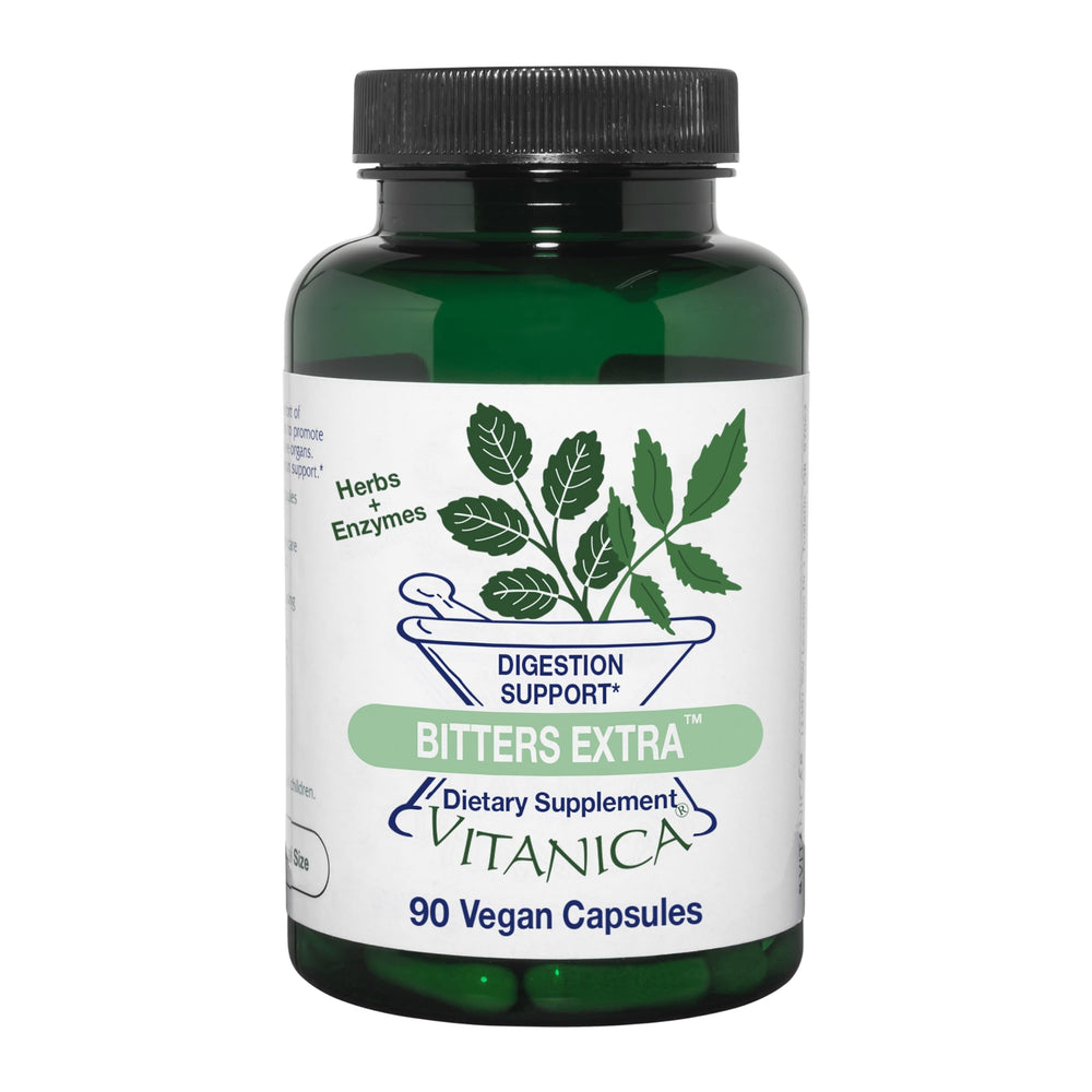 Vitanica Bitters Extra bottle front view highlighting digestion support in a vegan-friendly formula.