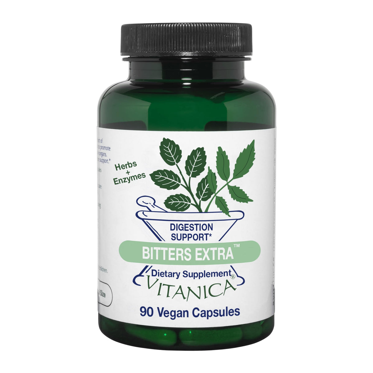 Vitanica Bitters Extra bottle front view highlighting digestion support in a vegan-friendly formula.