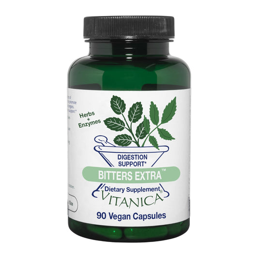 Vitanica Bitters Extra bottle front view highlighting digestion support in a vegan-friendly formula.