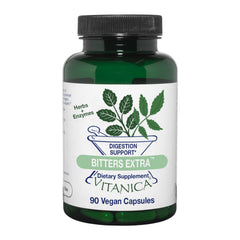 Vitanica Bitters Extra bottle front view highlighting digestion support in a vegan-friendly formula.