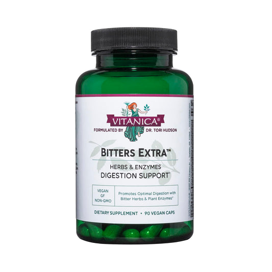 Vitanica Bitters Extra bottle showing the digestion support formula and bottle label