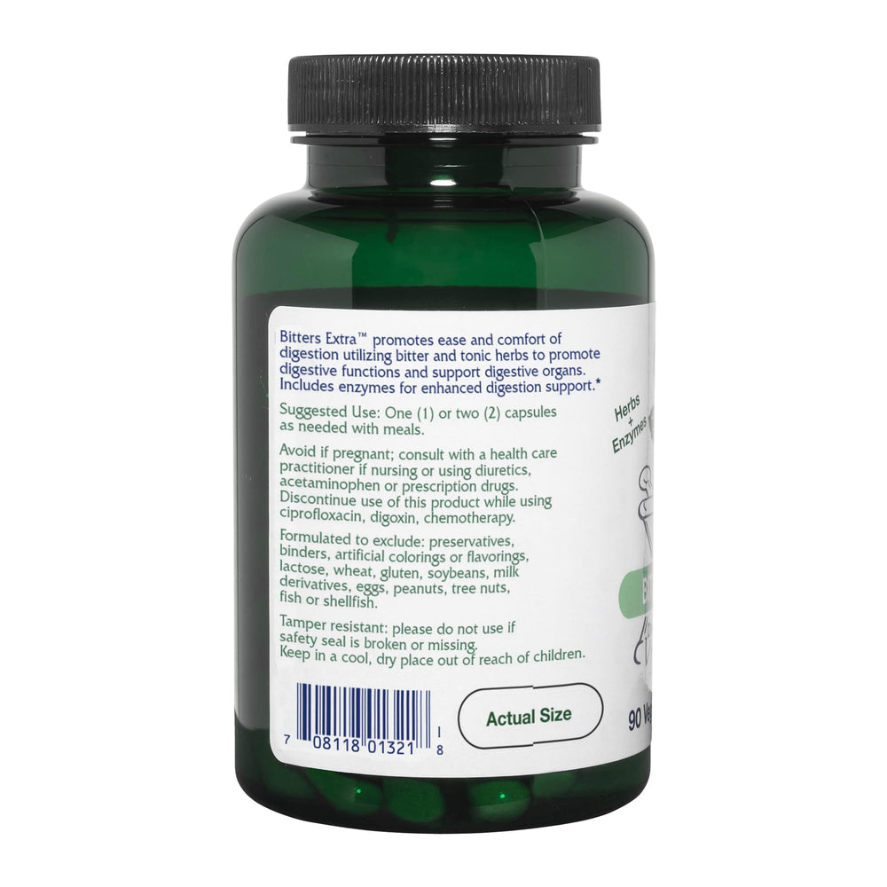 Vitanica Bitters Extra label closeup showcases herbal blend for digestive comfort.