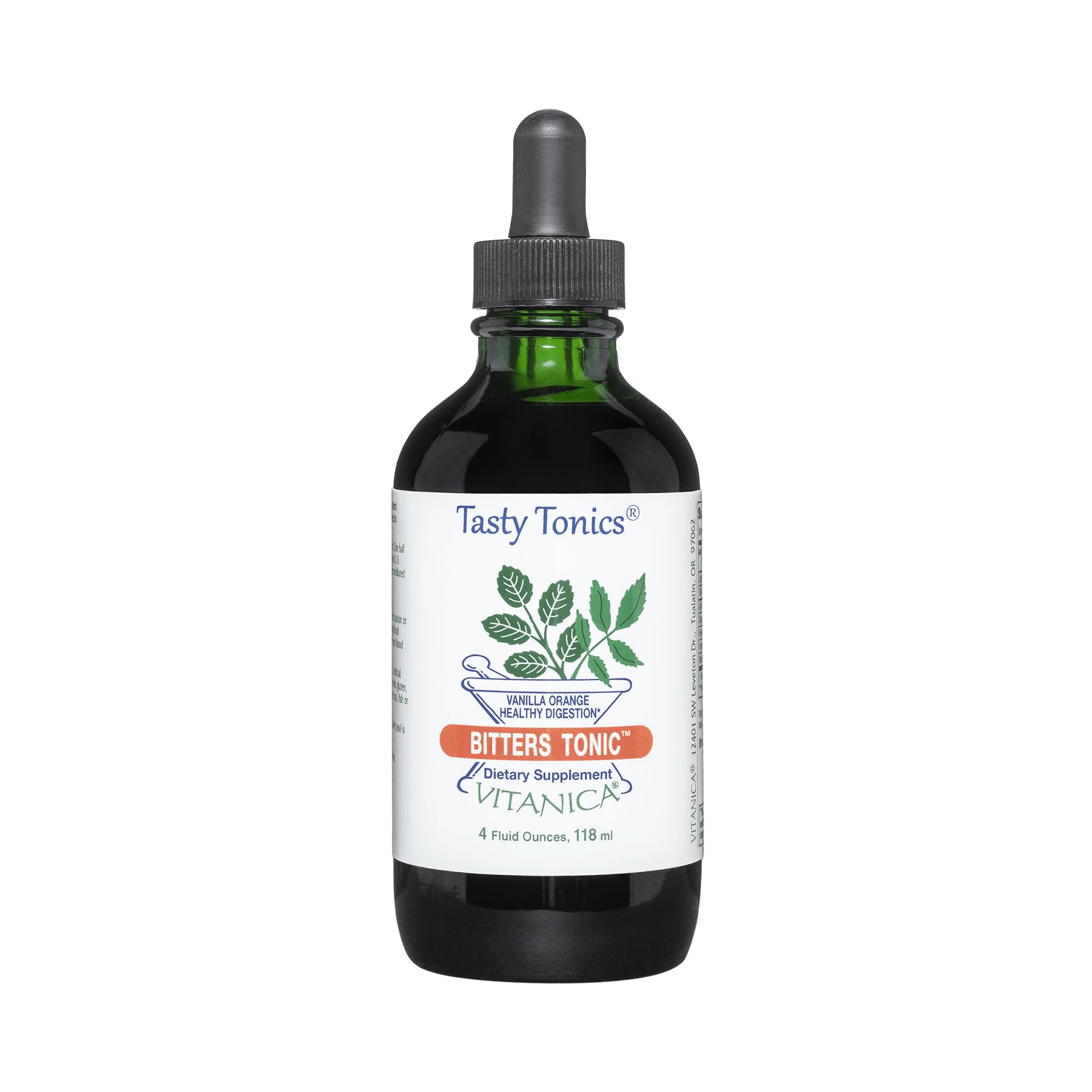 Vitanica Bitters Tonic bottle-front in green glass highlighting premium packaging and alcohol-free formula