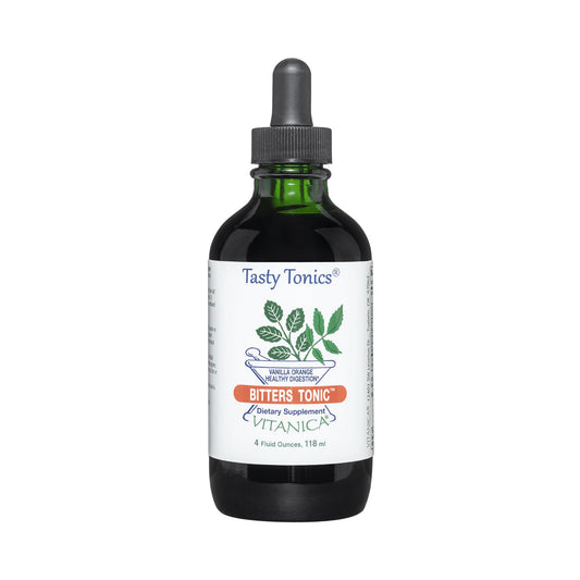 Vitanica Bitters Tonic bottle-front in green glass highlighting premium packaging and alcohol-free formula