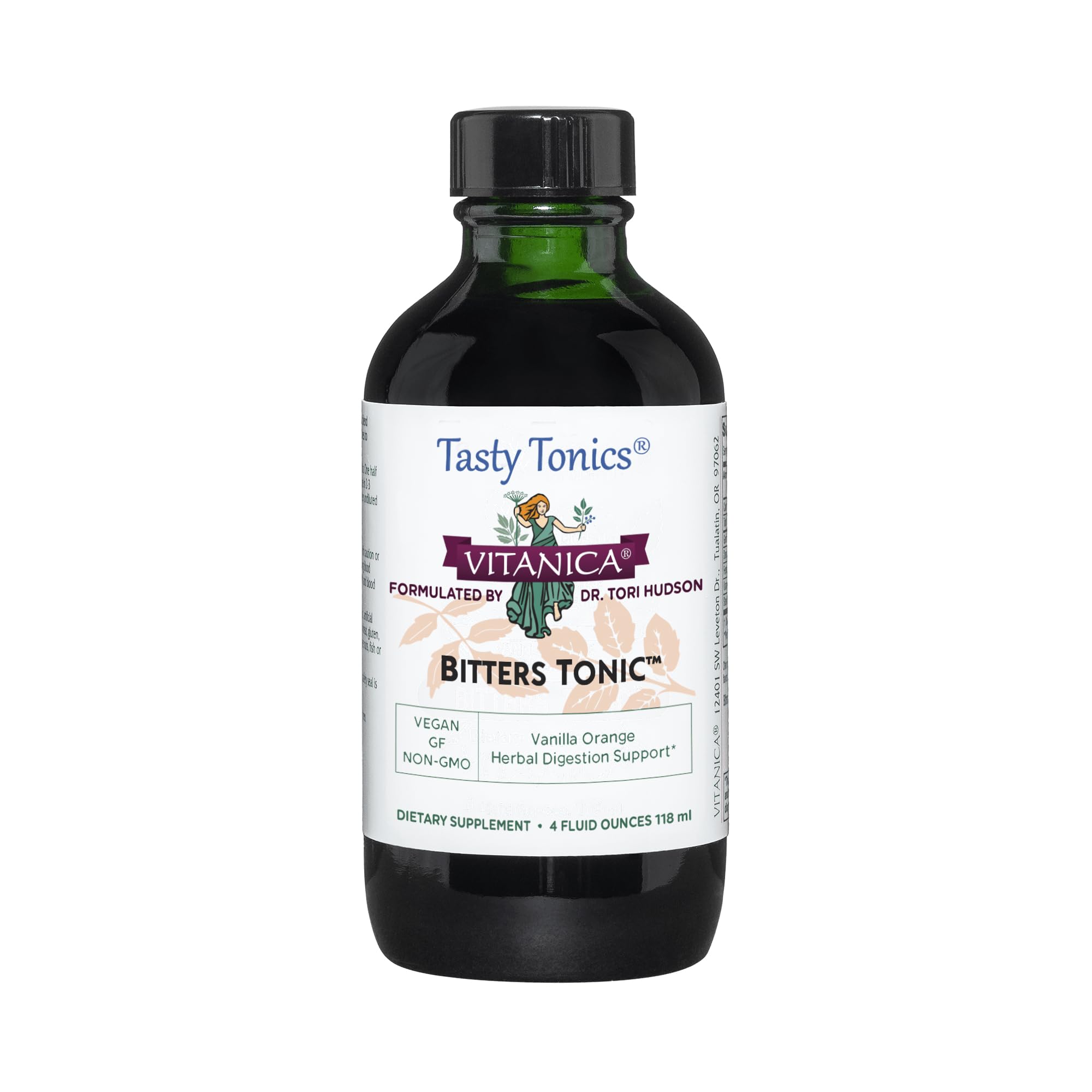 Vitanica Bitters Tonic bottle with vanilla orange flavor for gentle digestion