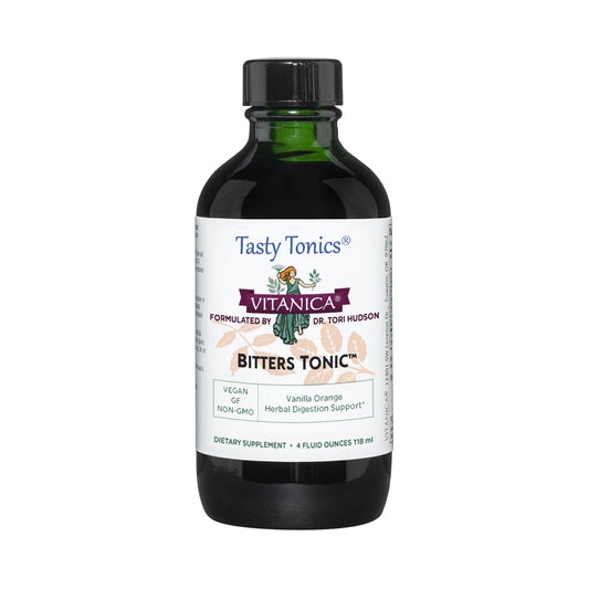 Vitanica Bitters Tonic bottle with vanilla orange flavor for gentle digestion