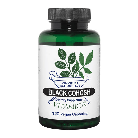Vitanica Black Cohosh Cimicifuga extract bottle with vegan capsules for menopause-related symptom support.