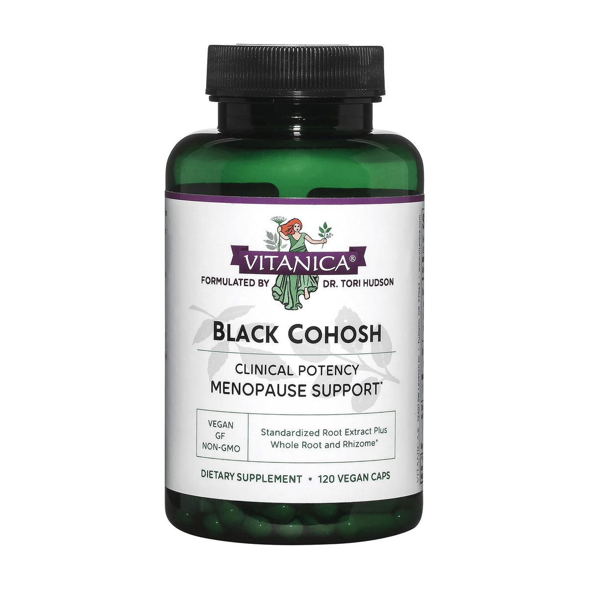 Vitanica Black Cohosh extract bottle label shows standardized extract.