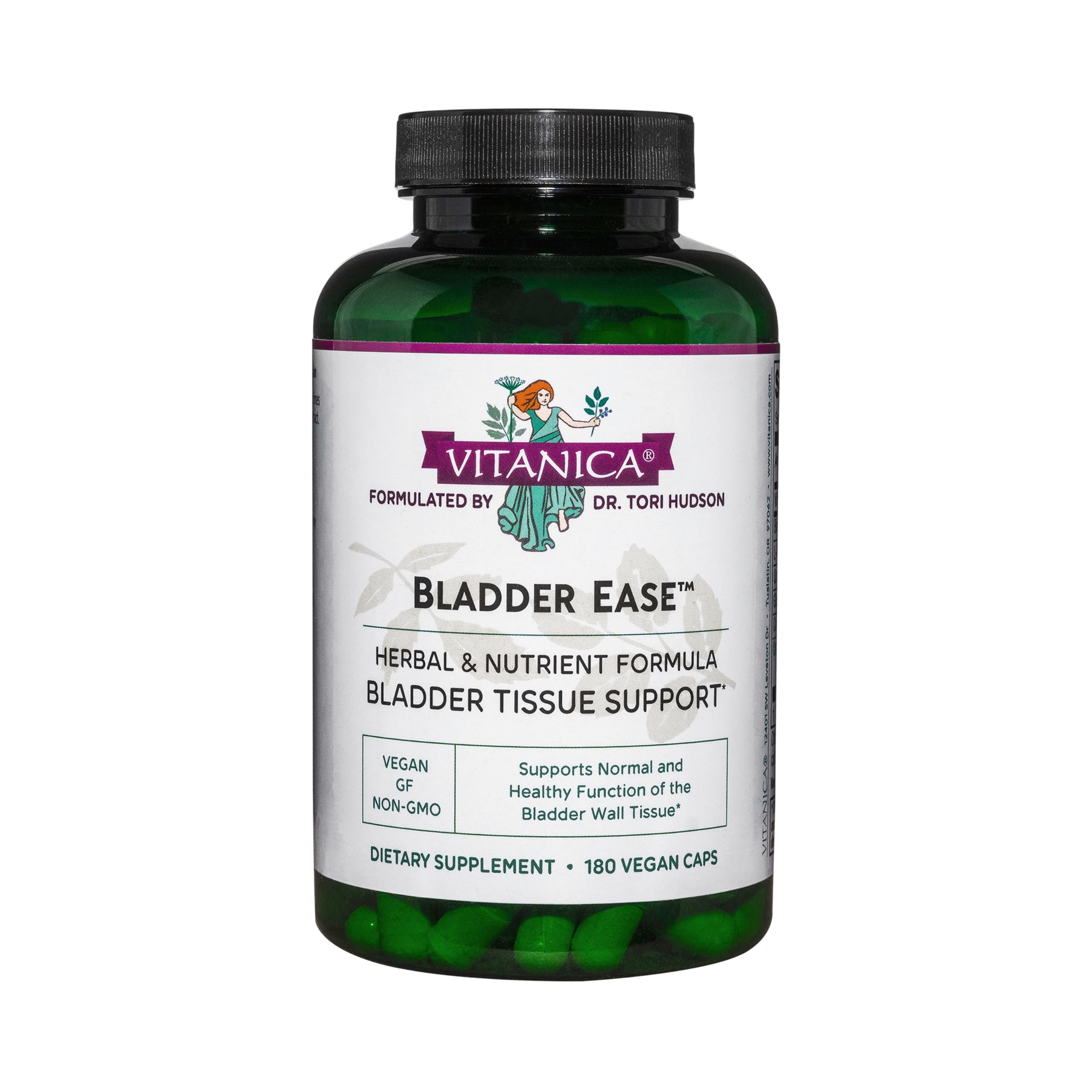 Vitanica Bladder Ease bottle front promotes bladder tissue-friendly health.