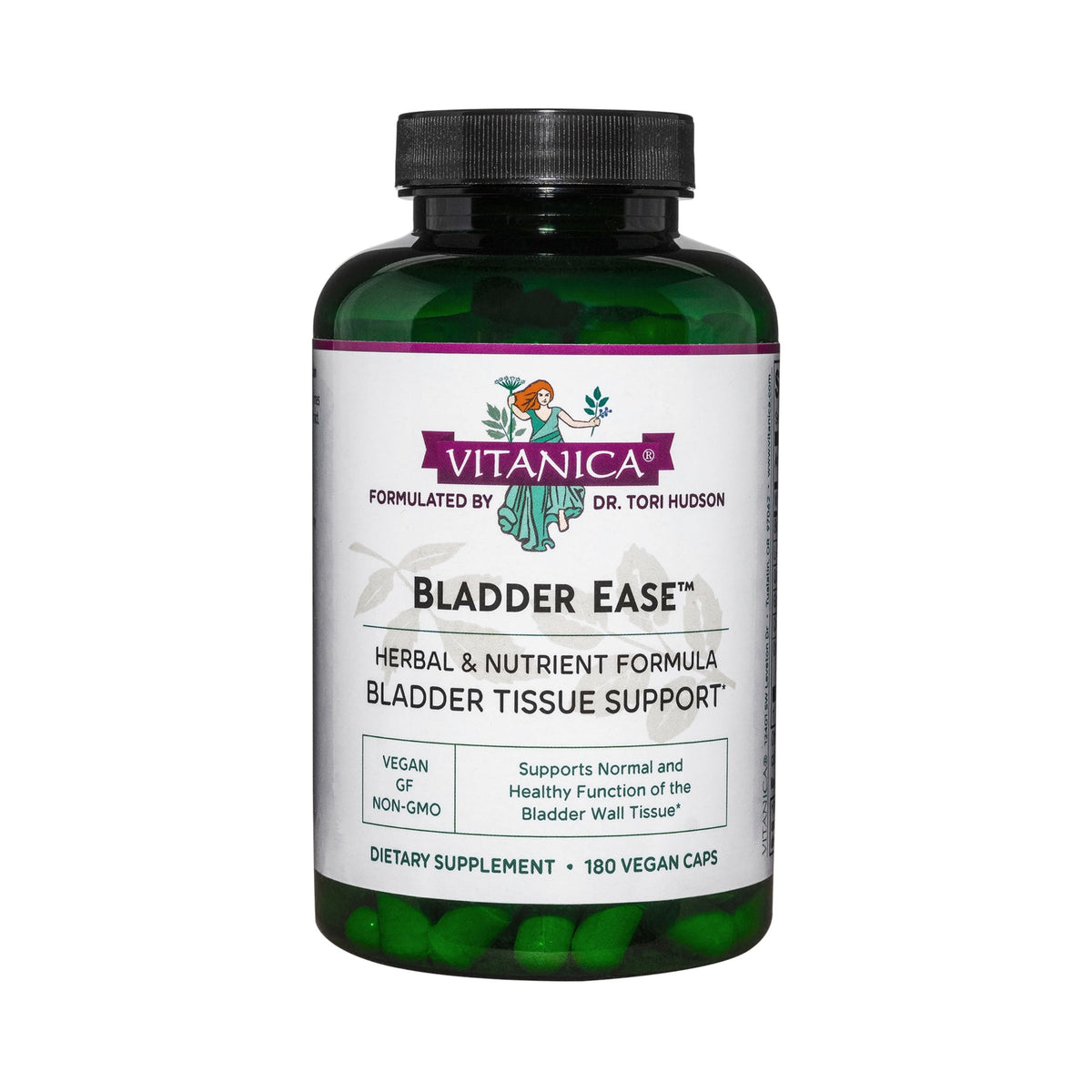 Vitanica Bladder Ease bottle front promotes bladder tissue-friendly health.