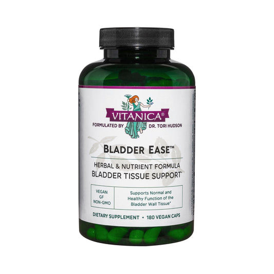 Vitanica Bladder Ease bottle front promotes bladder tissue-friendly health.