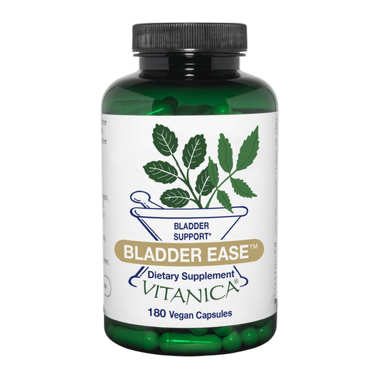 Vitanica Bladder Ease bottle showing the plant-based bladder support formula.