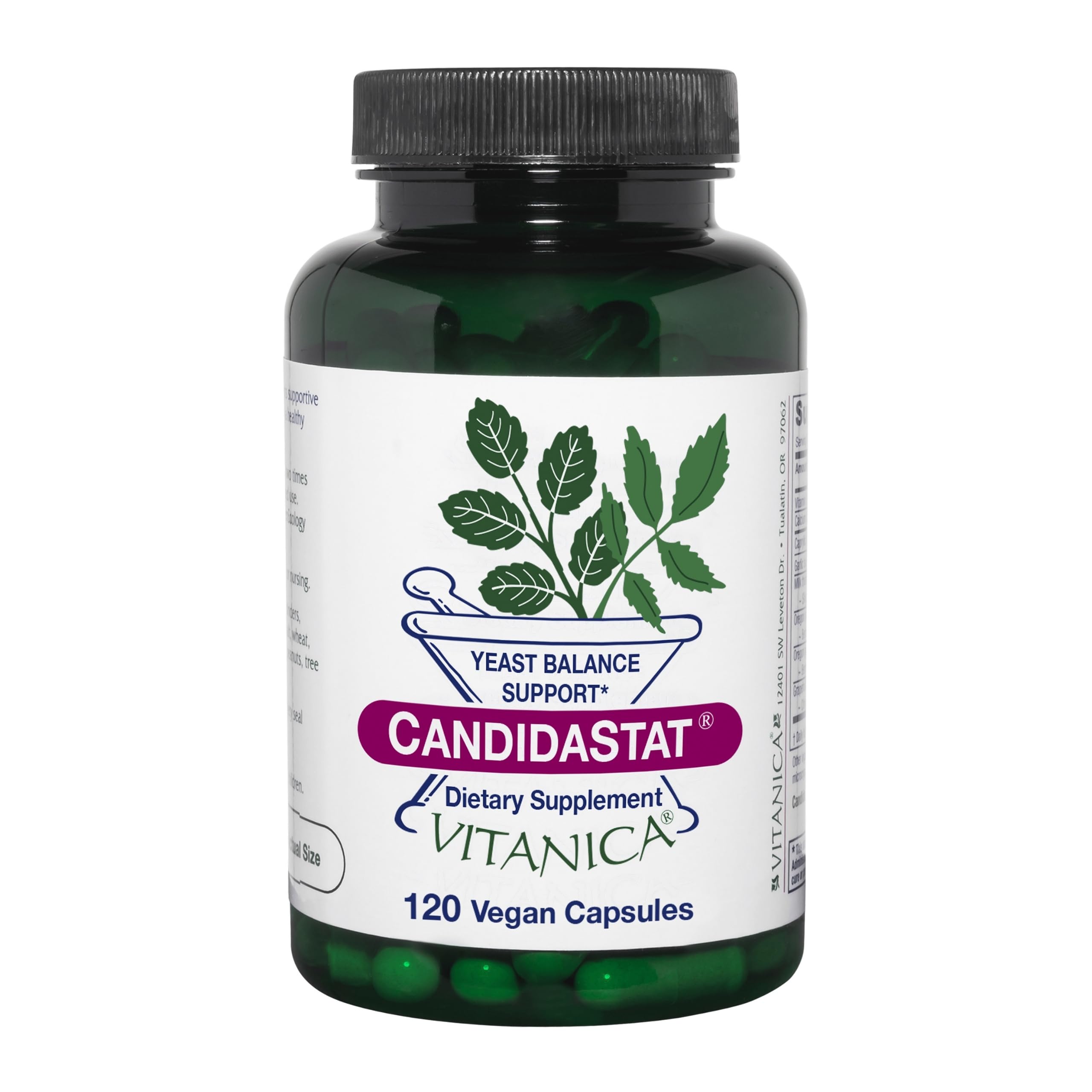 Vitanica Candidastat bottle front shows vegan yeast balance support