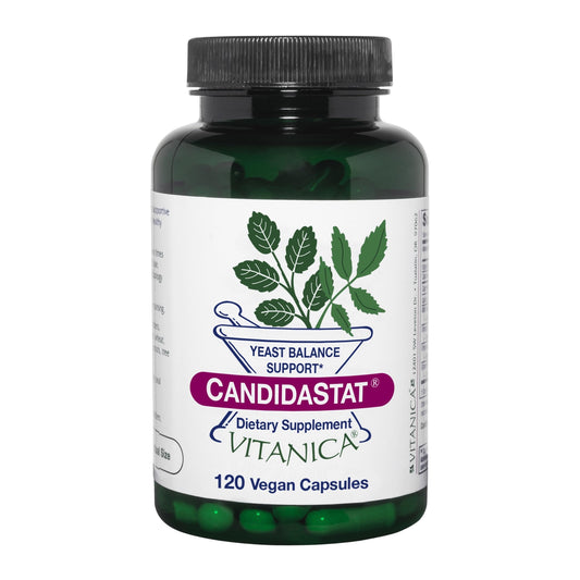 Vitanica Candidastat bottle front shows vegan yeast balance support