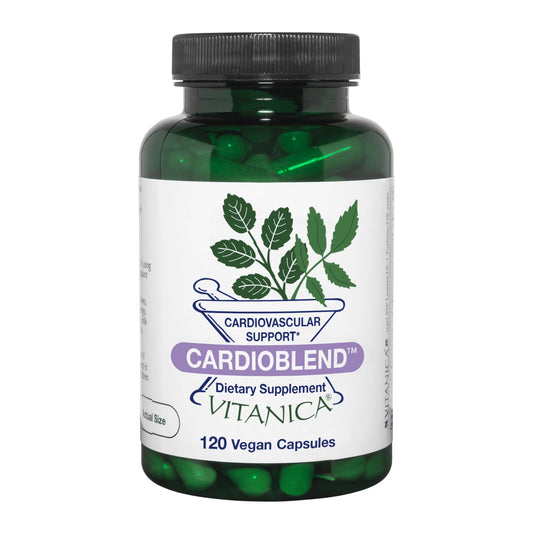 Vitanica CardioBlend bottle front showing heart-support formula for daily wellness