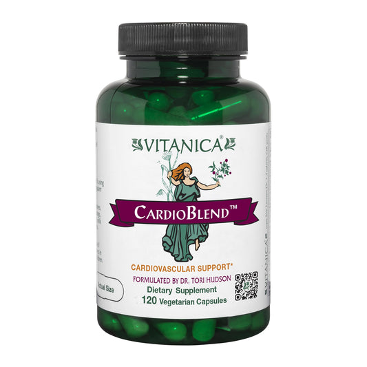 Vitanica CardioBlend bottle front for vegan cardiovascular support.