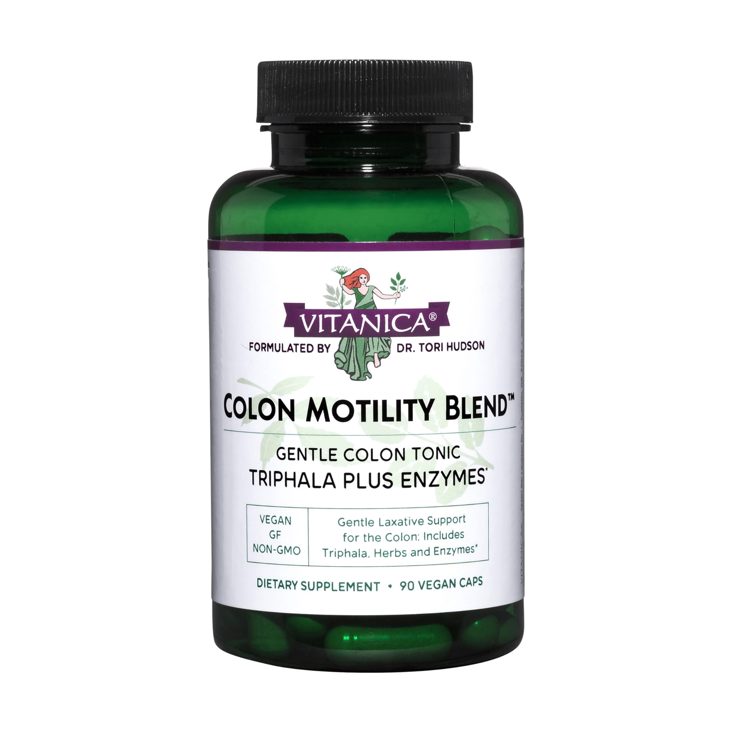 Vitanica Colon Motility Blend bottle showcases gentle, plant-based digestion support.