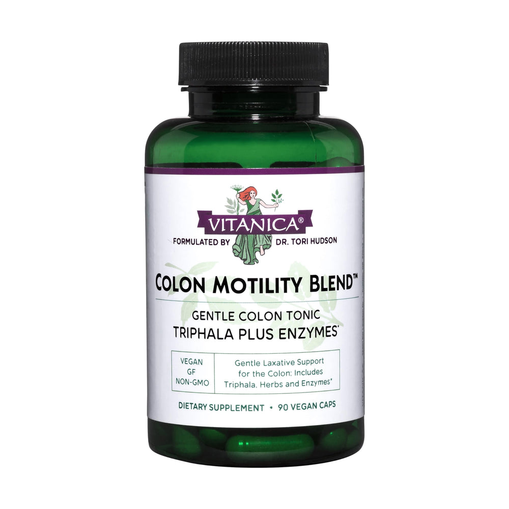 Vitanica Colon Motility Blend bottle showcases gentle, plant-based digestion support.