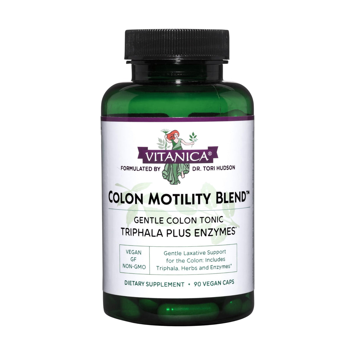 Vitanica Colon Motility Blend bottle showcases gentle, plant-based digestion support.