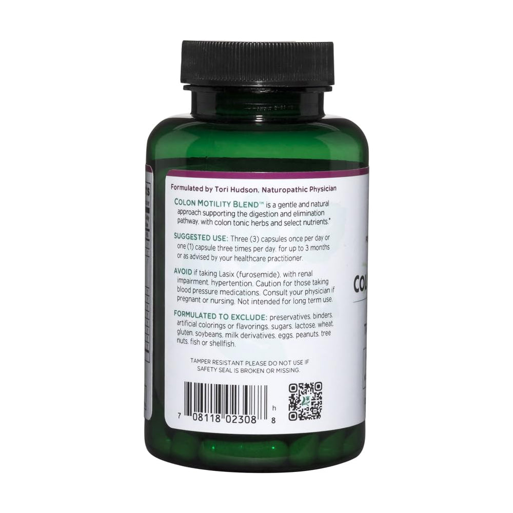 Vitanica Colon Motility Blend ingredients panel highlights herbs and nutrients for colon support.