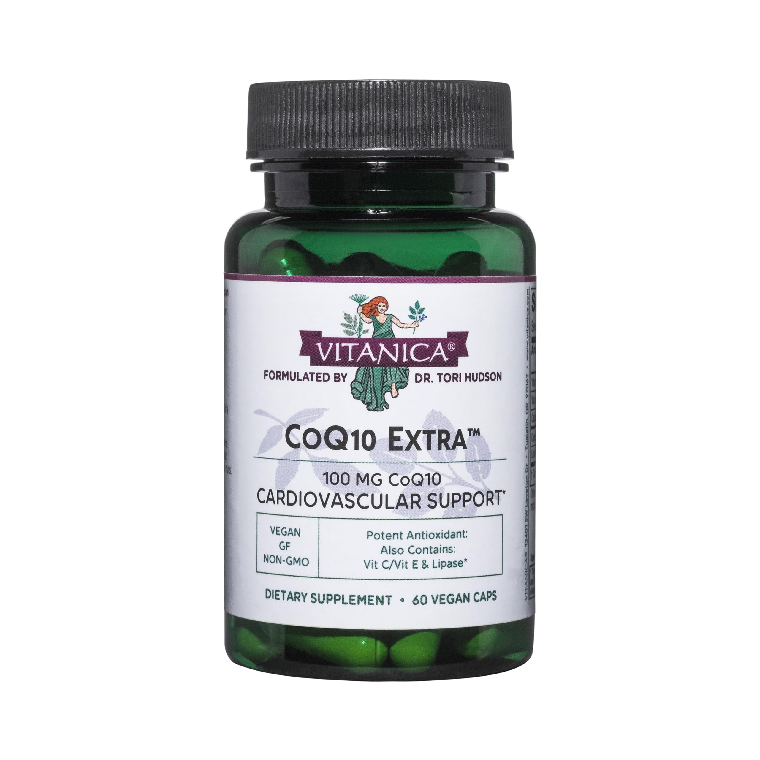 Vitanica CoQ10 Extra 100mg bottle highlighting vegan, non-GMO supplement.