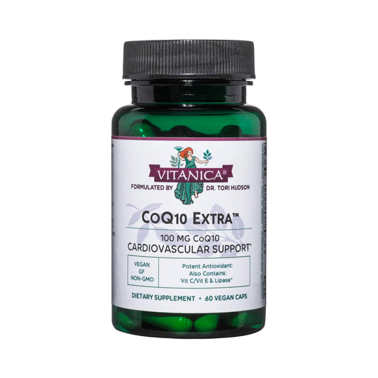 Vitanica CoQ10 Extra 100mg bottle highlighting vegan, non-GMO supplement.