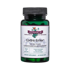 Vitanica CoQ10 Extra 100mg bottle highlighting vegan, non-GMO supplement.