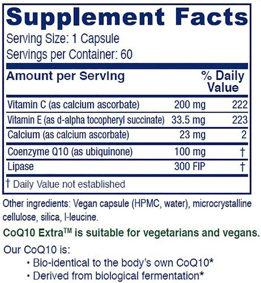 Close-up of vegan CoQ10 Extra capsules by Vitanica