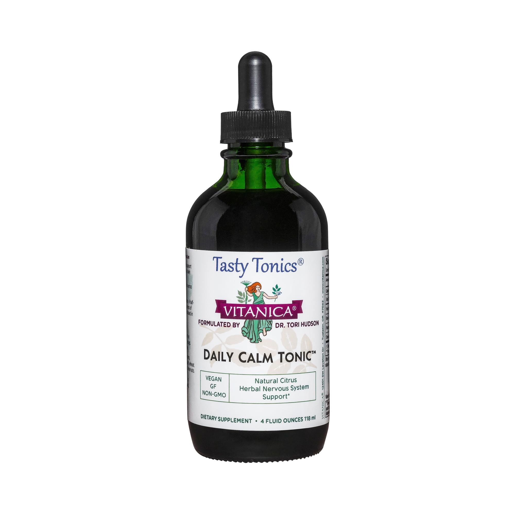 Vitanica Daily Calm Tonic bottle pour shows easy dosing for calm moments.