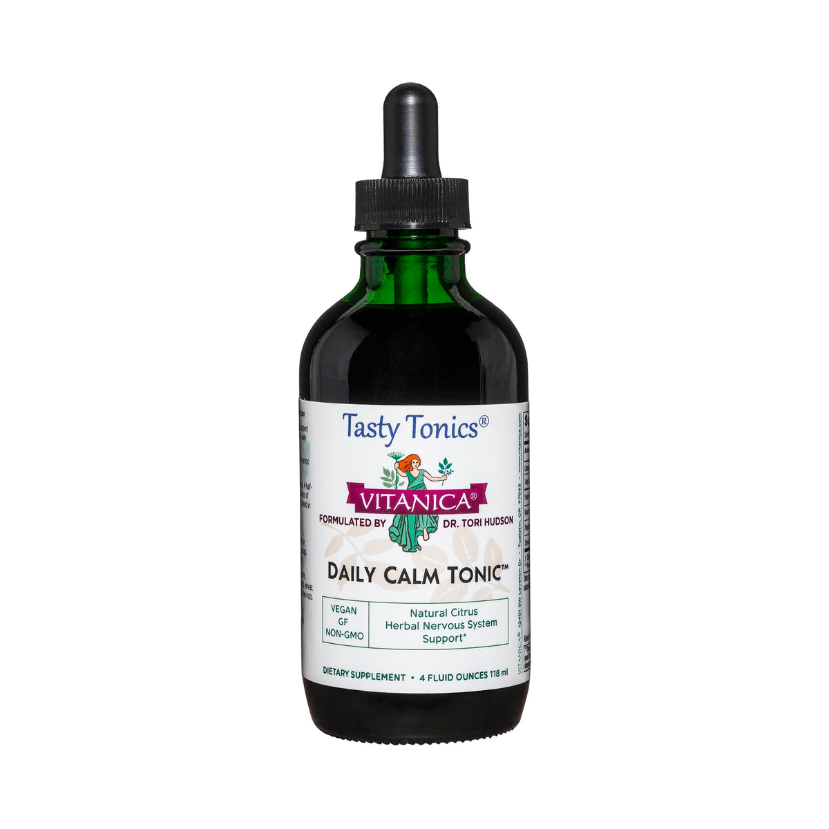 Vitanica Daily Calm Tonic bottle pour shows easy dosing for calm moments.
