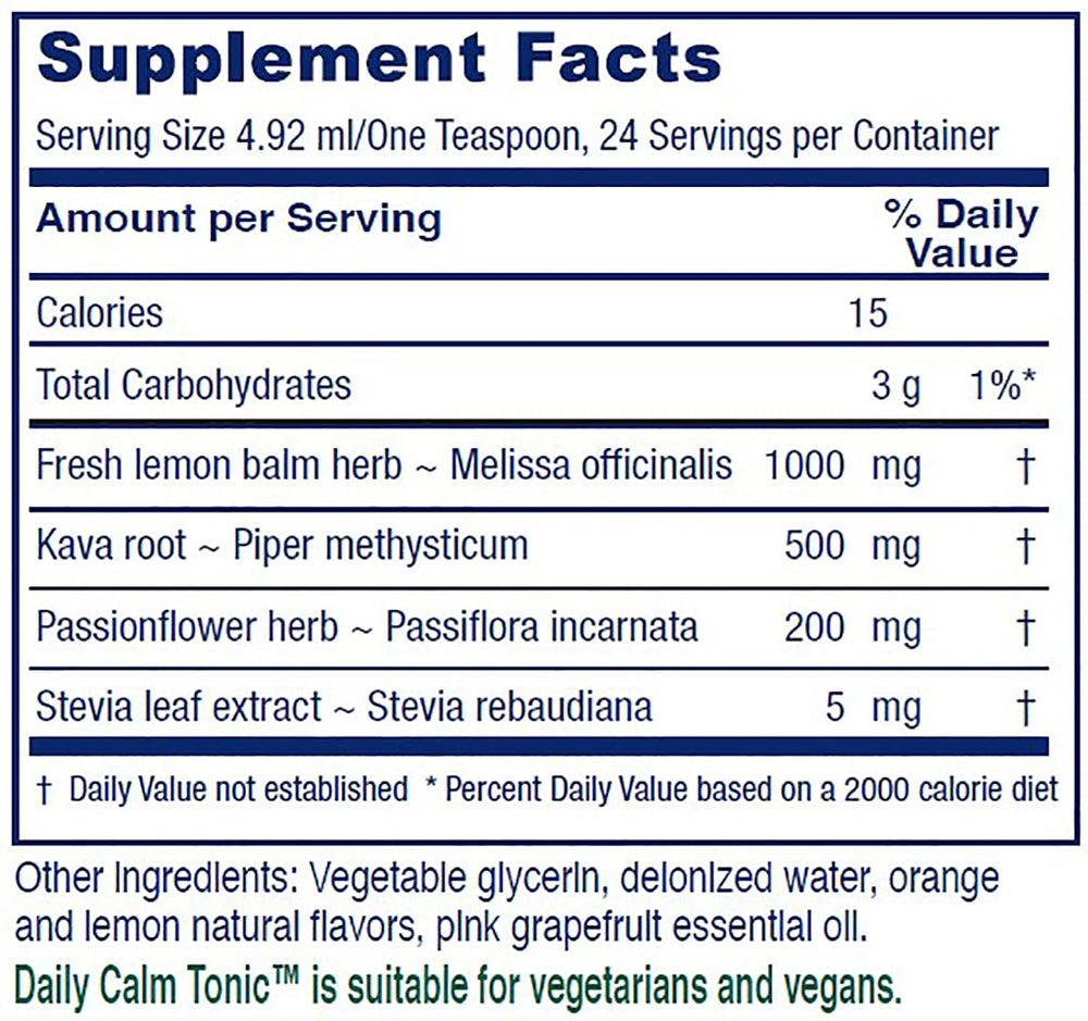 Vitanica Daily Calm Tonic bottle being poured for easy dosing
