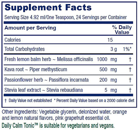 Vitanica Daily Calm Tonic bottle being poured for easy dosing